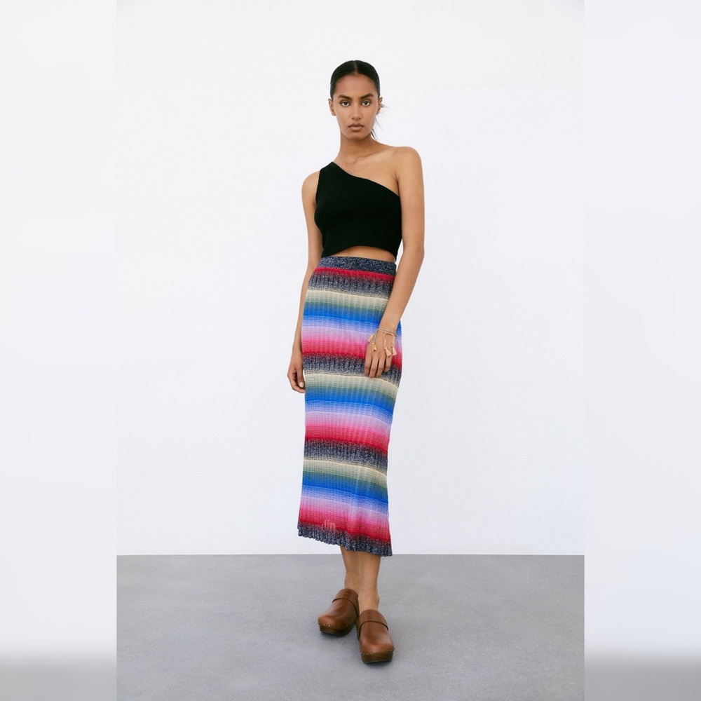 Zara Knit Metallic Thread Stripe Skir